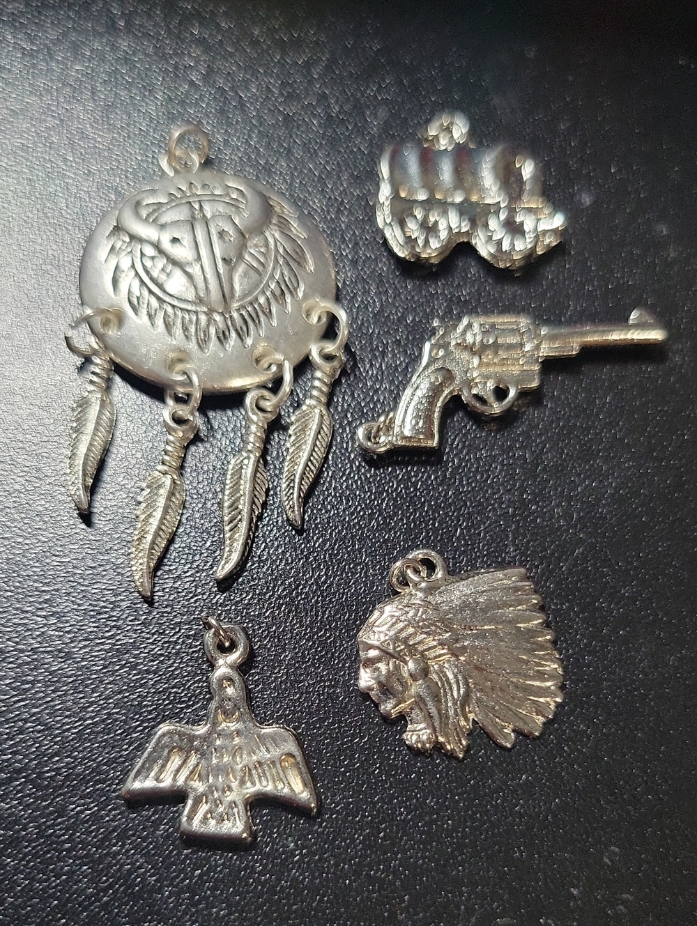 Silver Tone Native-Inspired Charms Set - Dreamcatcher, Revolver, Eagle, Chief